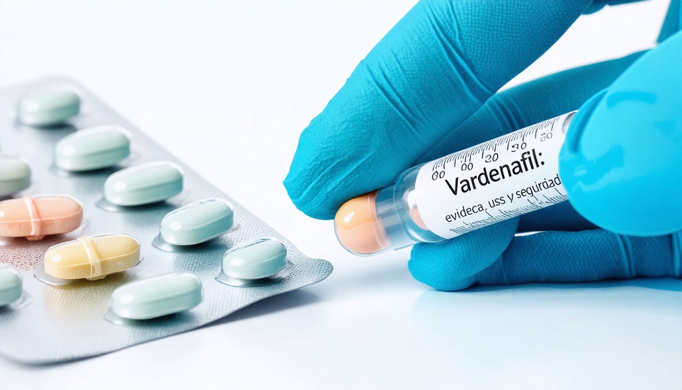Blíster de comprimidos de vardenafil sobre fondo neutro, utilizado para tratar la disfunción eréctil